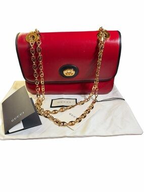 BNWT Gucci Interlocking G Red Dollar Calf Leather Chain Shoulder Bag Full Set